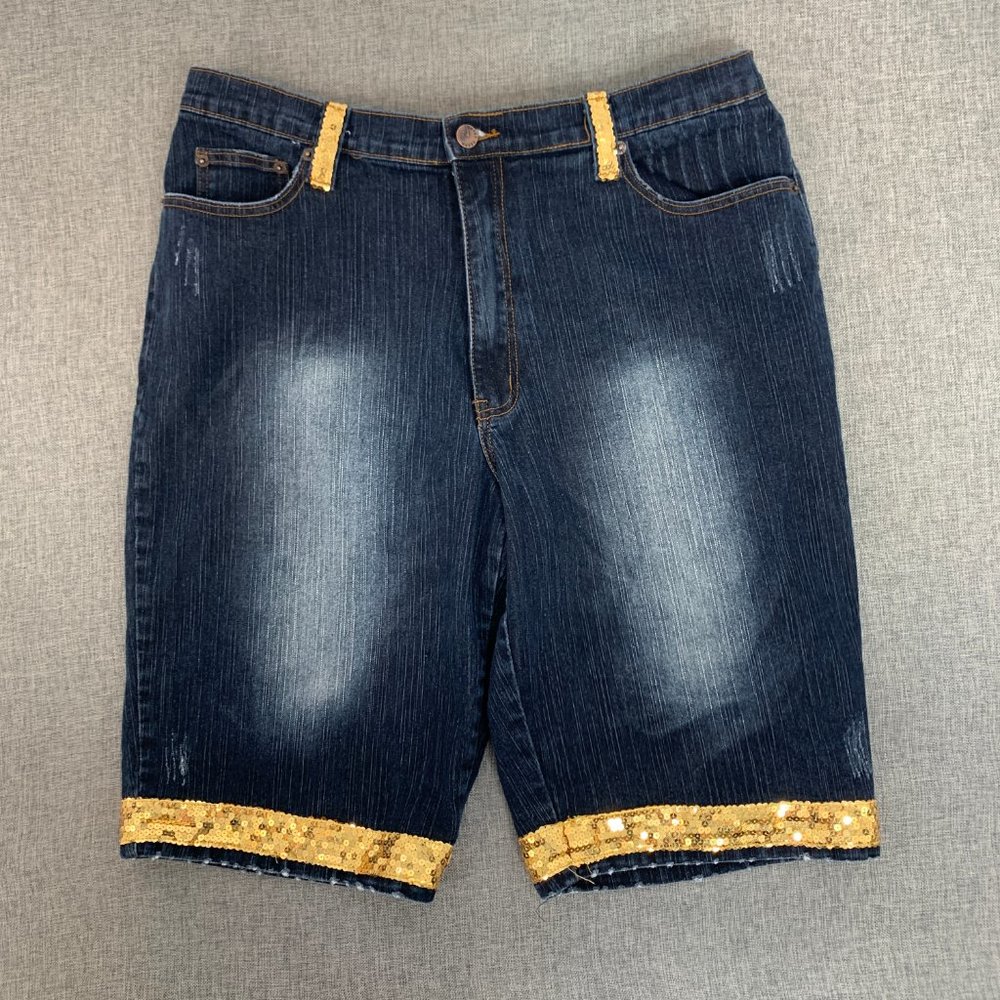 Neeso Premium Jean Shorts Size 18 Beautiful Gold Sequin Detail High Rise Cotton